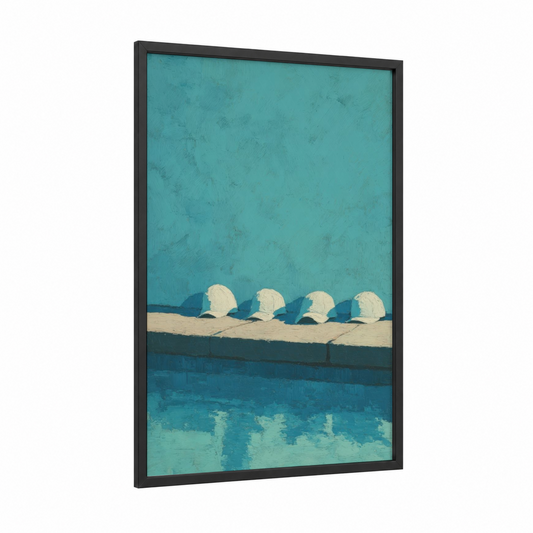 Poolside Caps framed water polo print — black wood frame — turquoise and white palette