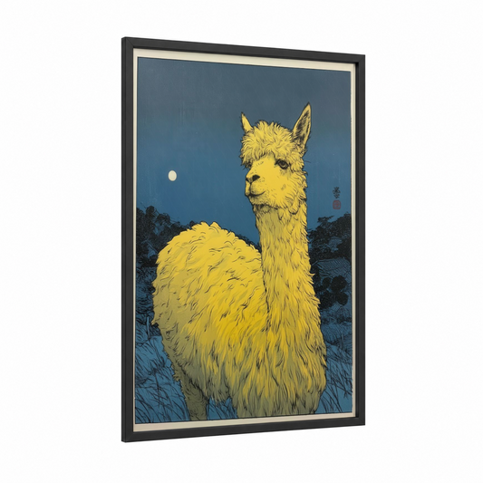 Moonlit Alpaca framed art print — black wood frame — blue and gold palette