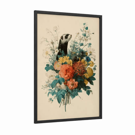 Curious Ferret Bouquet framed art print — black wood frame — cream and teal palette