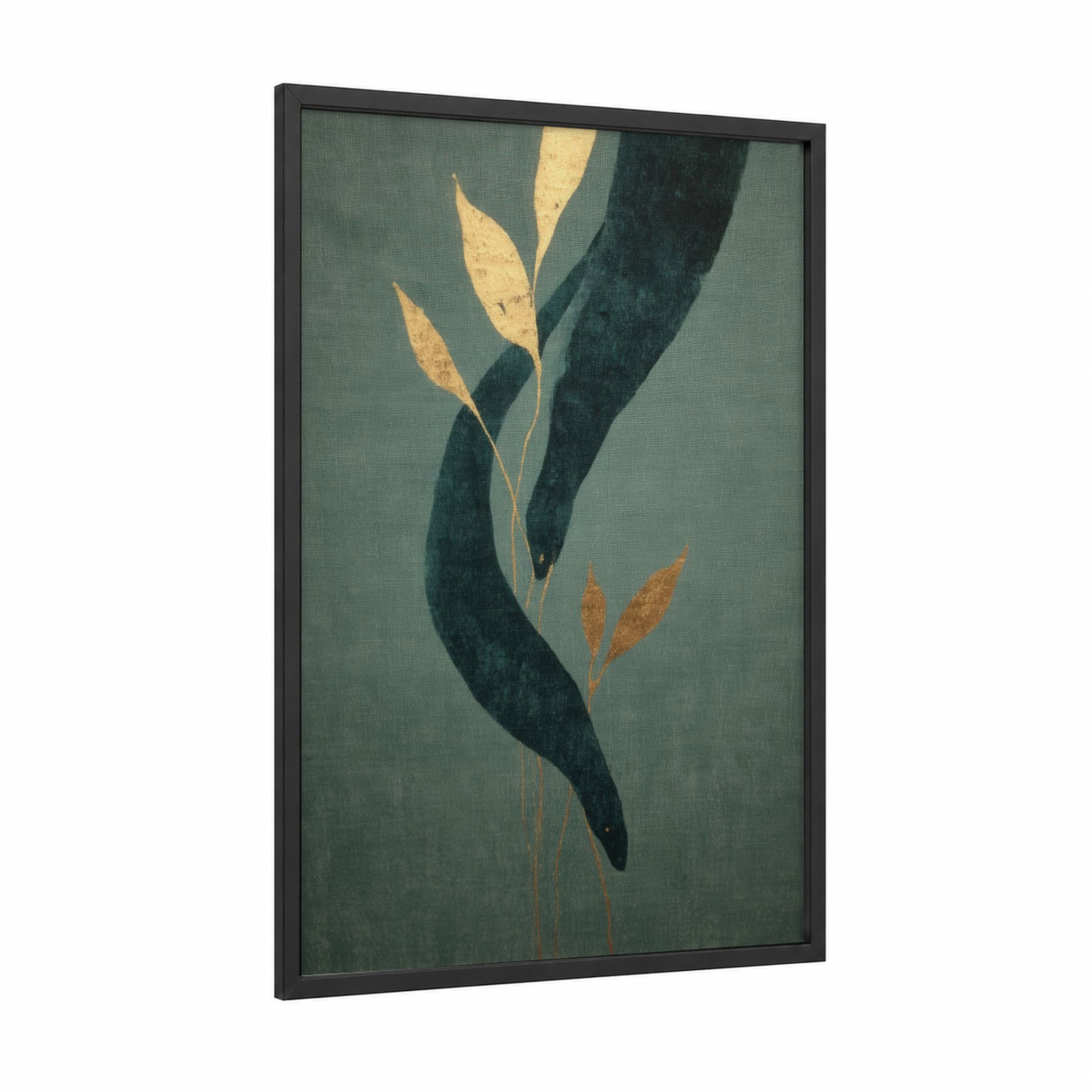 Golden Eel Dance framed eels print — black wood frame — sage green and gold palette