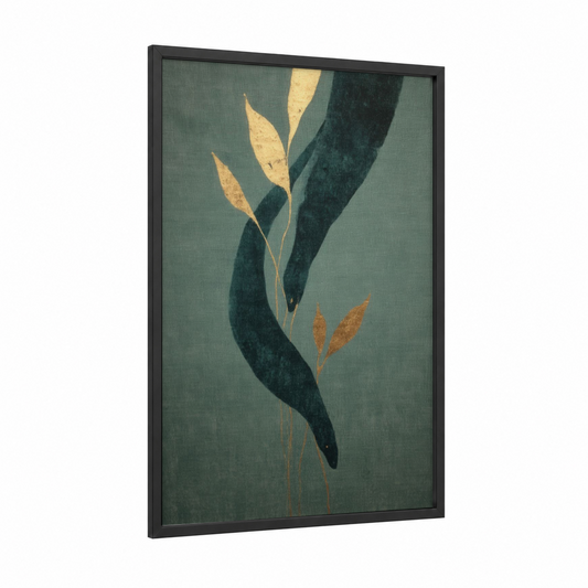 Golden Eel Dance framed eels print — black wood frame — sage green and gold palette