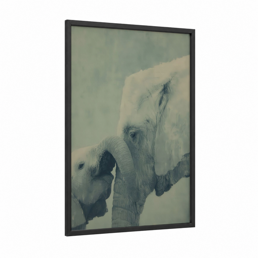 Snowy Elephant Pair framed savanna elephant print — black wood frame — gray and white palette