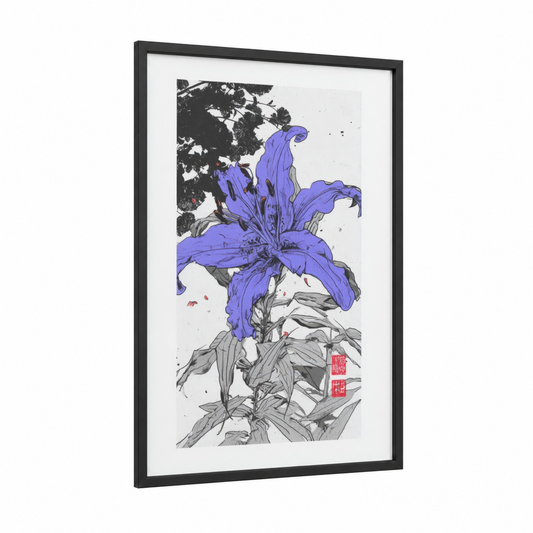Purple Iris Bloom framed lily print — black wood frame — purple and black and white palette