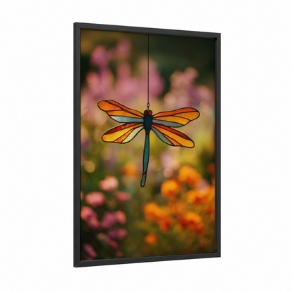 Golden Dragonfly framed glassworking print — black wood frame — gold and orange palette