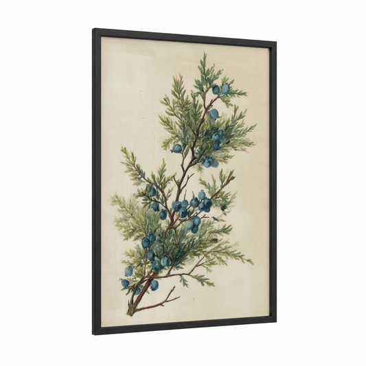 Juniper Berry Branch framed juniper tree print — black wood frame — cream and light green palette