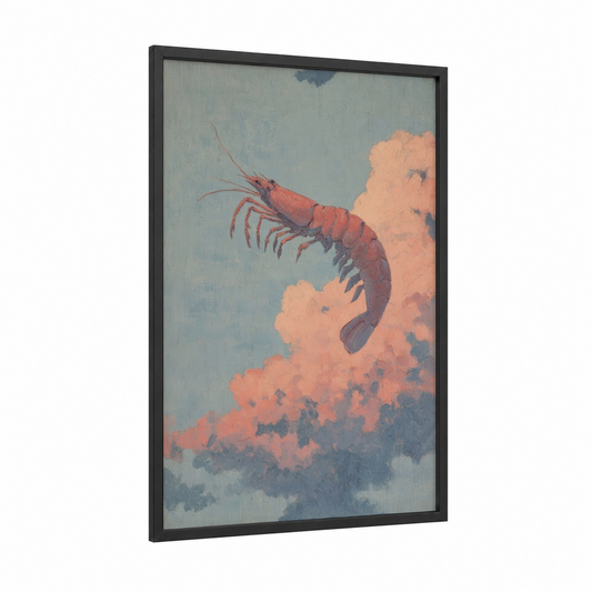 Crimson Shrimp Cloud framed art print — black wood frame — peach and blue palette