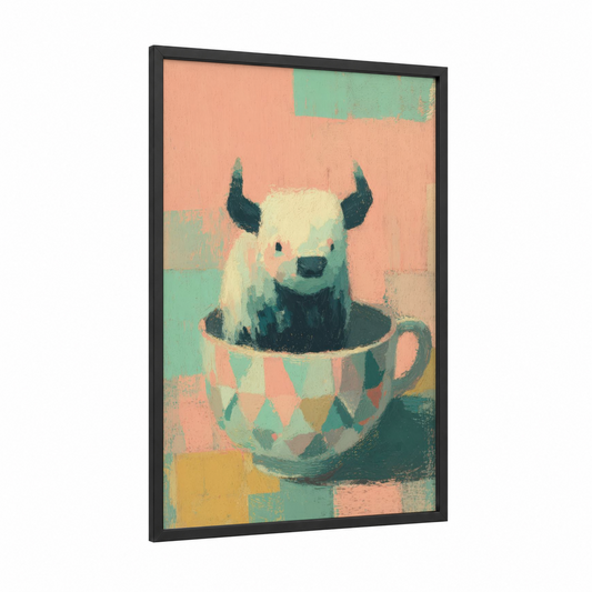 Teacup Yak framed art print — black wood frame — peach and light green palette
