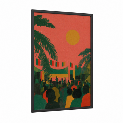 Reggae Festival framed art print — black wood frame — orange and dark green palette