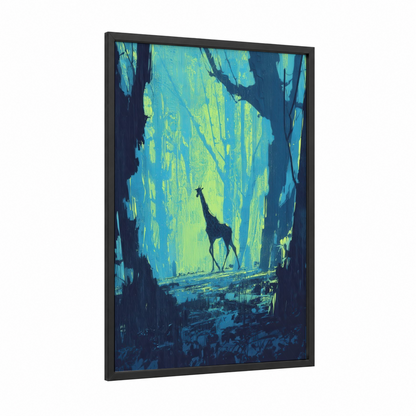 Luminous Giraffe framed art print — black wood frame — teal and yellow gold palette