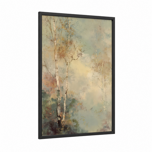 Misty Birch Forest framed art print — black wood frame — cream and sage green palette