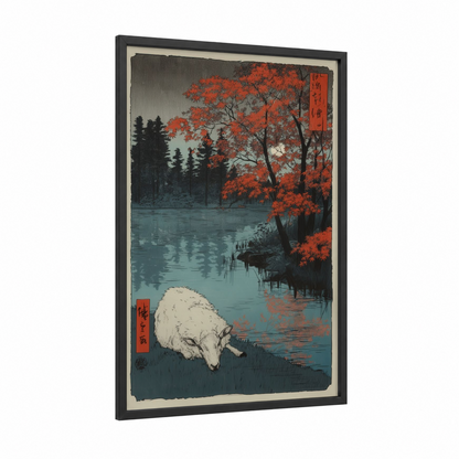 Autumn Sheep framed art print — black wood frame — red and blue palette