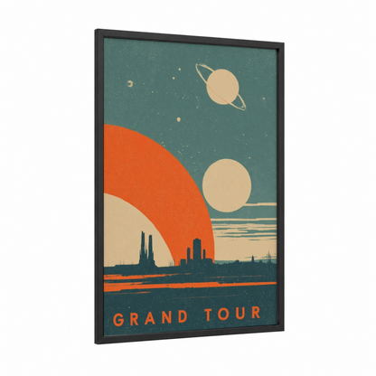Cosmic Horizon framed solar system print — black wood frame — orange and teal palette