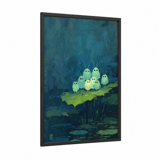 Luminous Fireflies framed art print — black wood frame — teal and light green palette