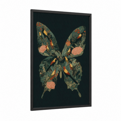Tropical Parrot Butterfly framed art print — black wood frame — dark green and peach palette