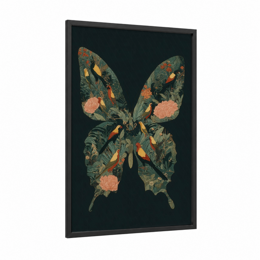 Tropical Parrot Butterfly framed art print — black wood frame — dark green and peach palette