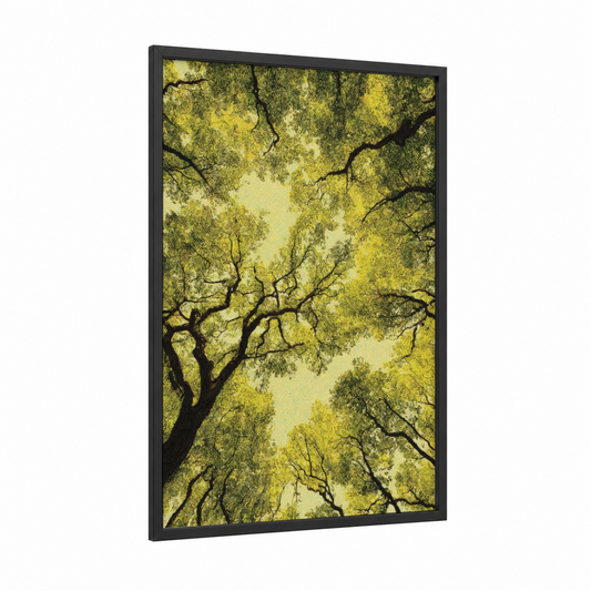Golden Oak Canopy framed oak forest print — black wood frame — yellow and black palette