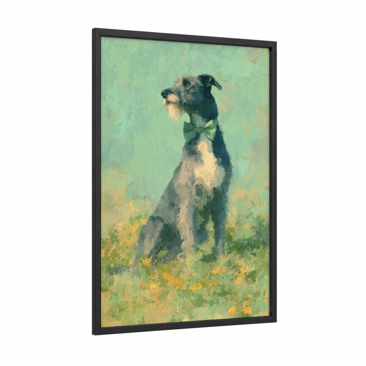 Festive Terrier Portrait framed st. patrick's day print — black wood frame — light green and yellow gold palette