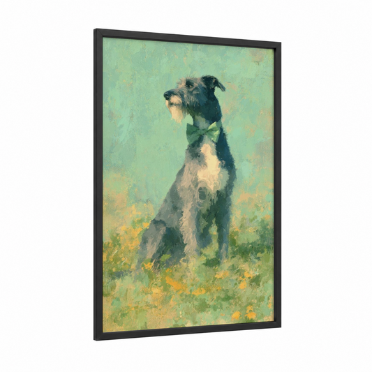 Festive Terrier Portrait framed st. patrick's day print — black wood frame — light green and yellow gold palette