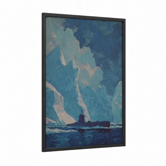 Arctic Submarine framed art print — black wood frame — teal and dark blue palette