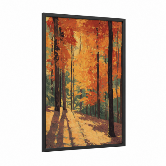 Autumn Maple Forest framed art print — black wood frame — gold and russet palette