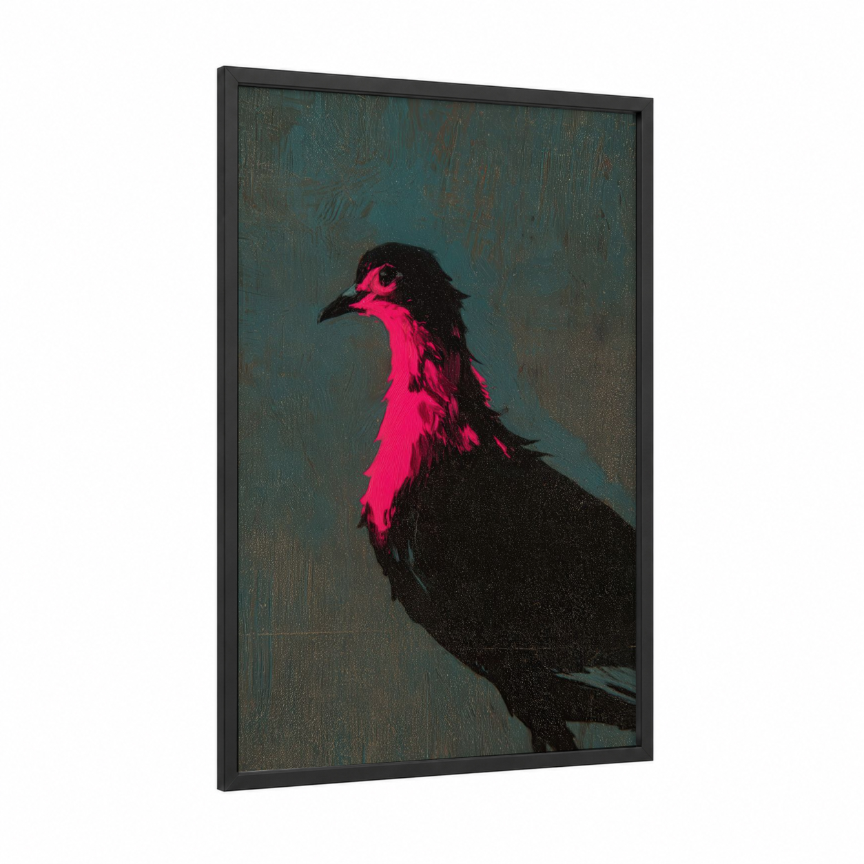 Neon Pigeon framed art print — black wood frame — magenta and black palette