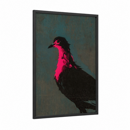Neon Pigeon framed art print — black wood frame — magenta and black palette