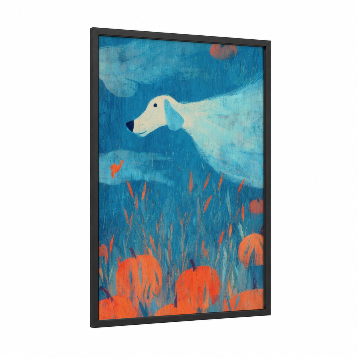 Spooky Sea-Horse framed halloween print — black wood frame — blue and orange palette