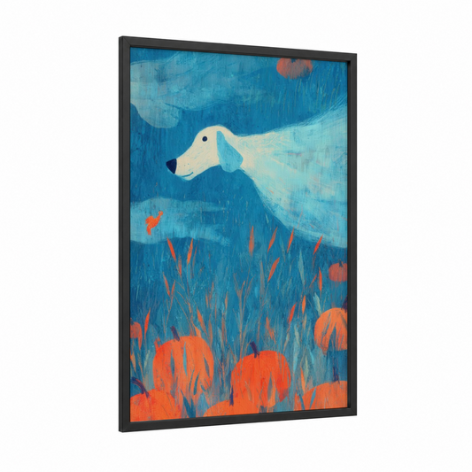 Spooky Sea-Horse framed halloween print — black wood frame — blue and orange palette