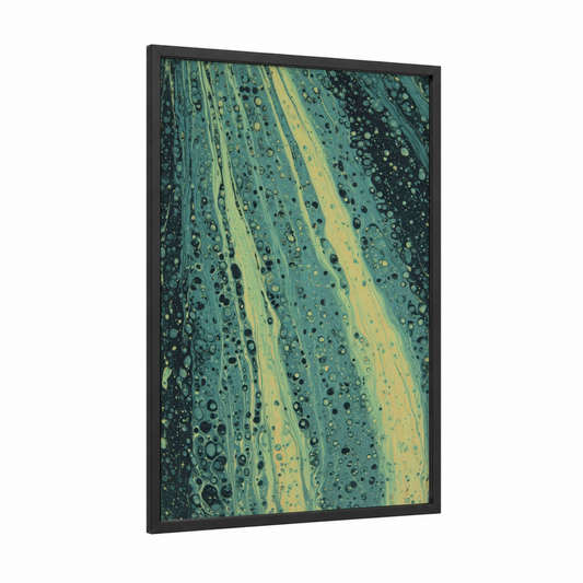 Fluid Marble Citrus framed fruit print — black wood frame — teal and yellow gold palette