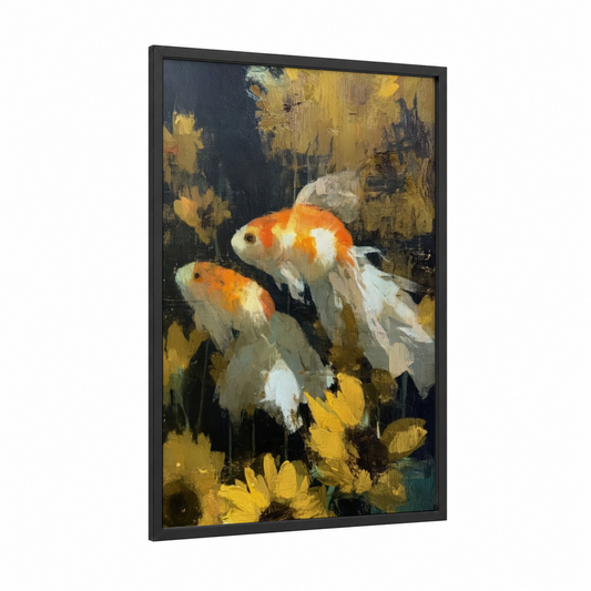 Golden Pond Pair framed goldfish print — black wood frame — gold and blue palette