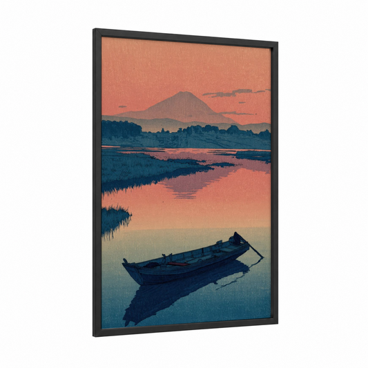 Misty River Sunrise framed rivers print — black wood frame — peach and dark blue palette