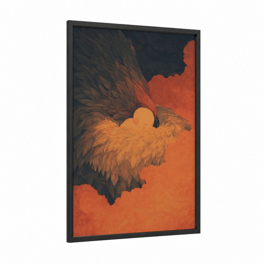 Cradled by Wings framed kids magic and fantasy print — black wood frame — pumpkin and gold palette