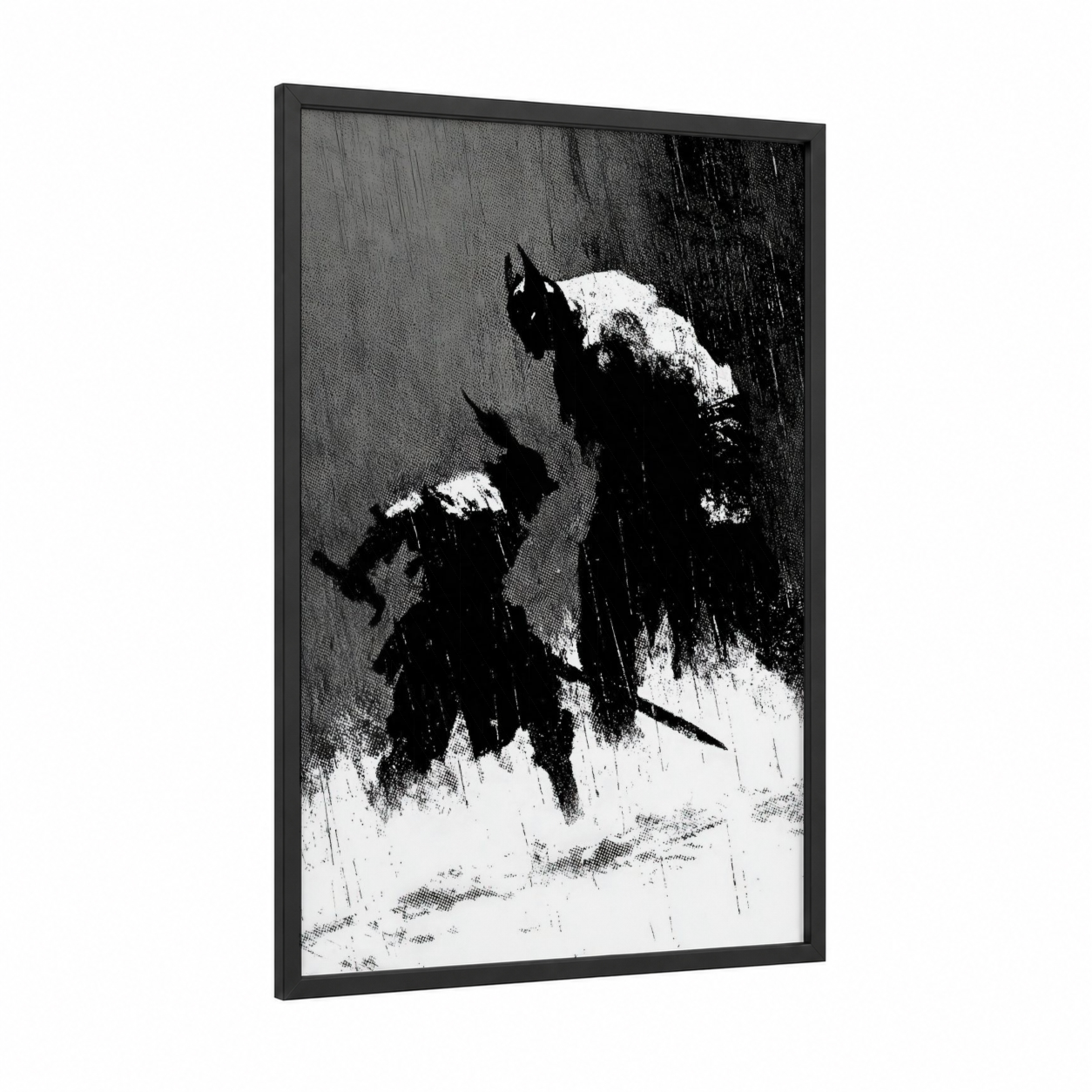 Snowy Orc Warriors framed art print — black wood frame — black and white palette