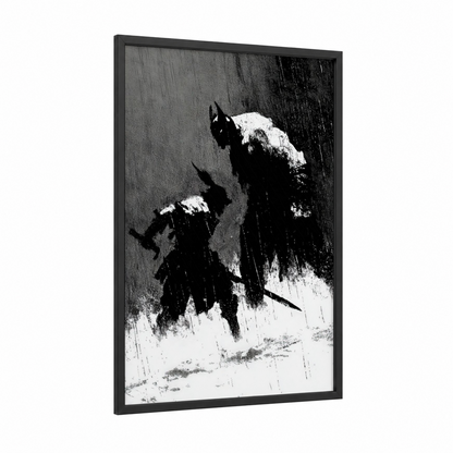 Snowy Orc Warriors framed art print — black wood frame — black and white palette