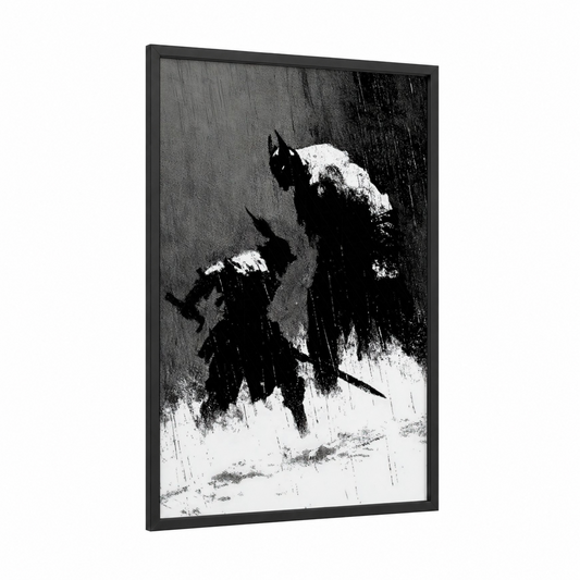 Snowy Orc Warriors framed art print — black wood frame — black and white palette