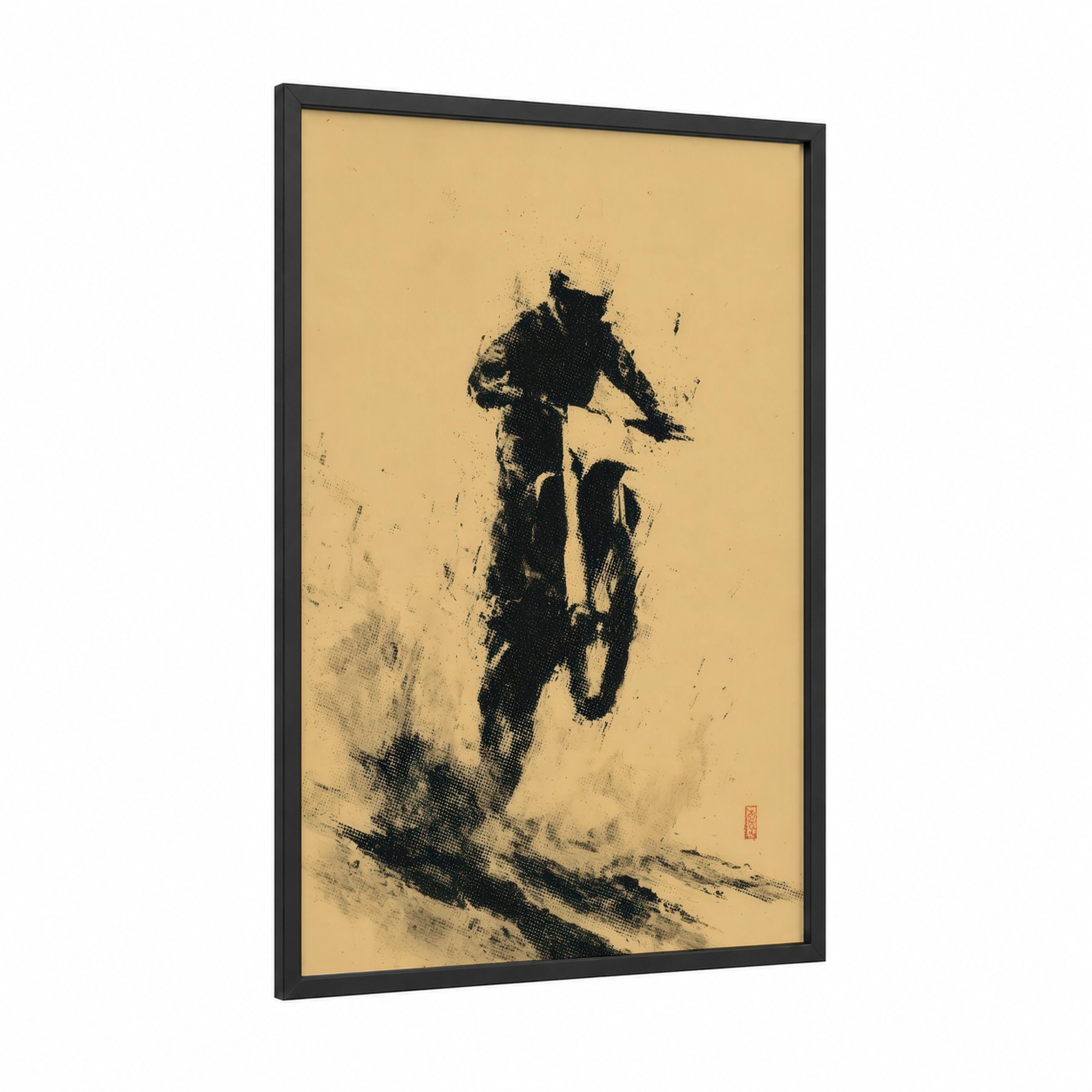 Desert Rider framed vintage motorcycle print — black wood frame — black and cream palette