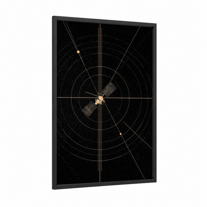 Orbital Satellite framed art print — black wood frame — black and gold palette