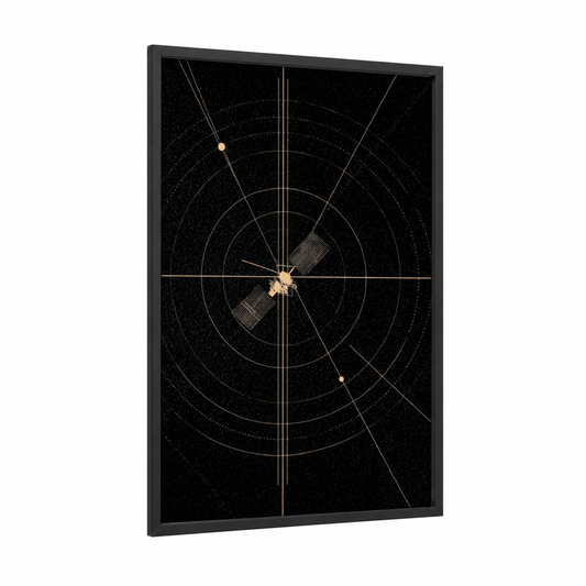 Orbital Satellite framed art print — black wood frame — black and gold palette