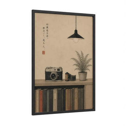 Vintage Camera Still Life Wall Art framed reading print — black wood frame — beige and cream palette