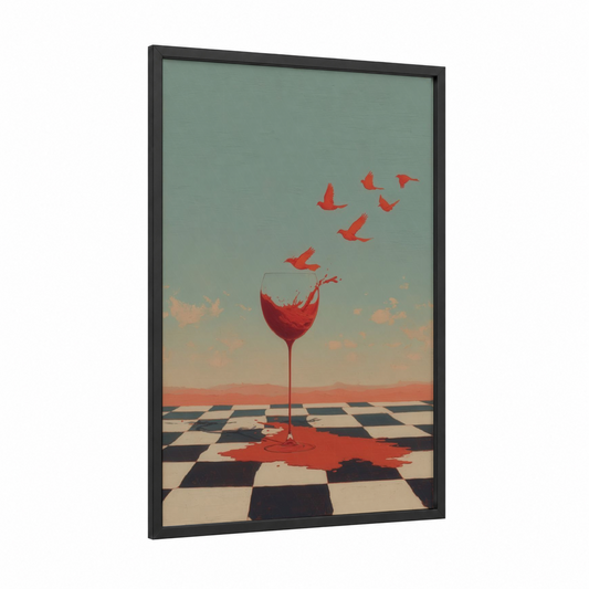 Crimson Escape framed red wine print — black wood frame — red and dove gray palette