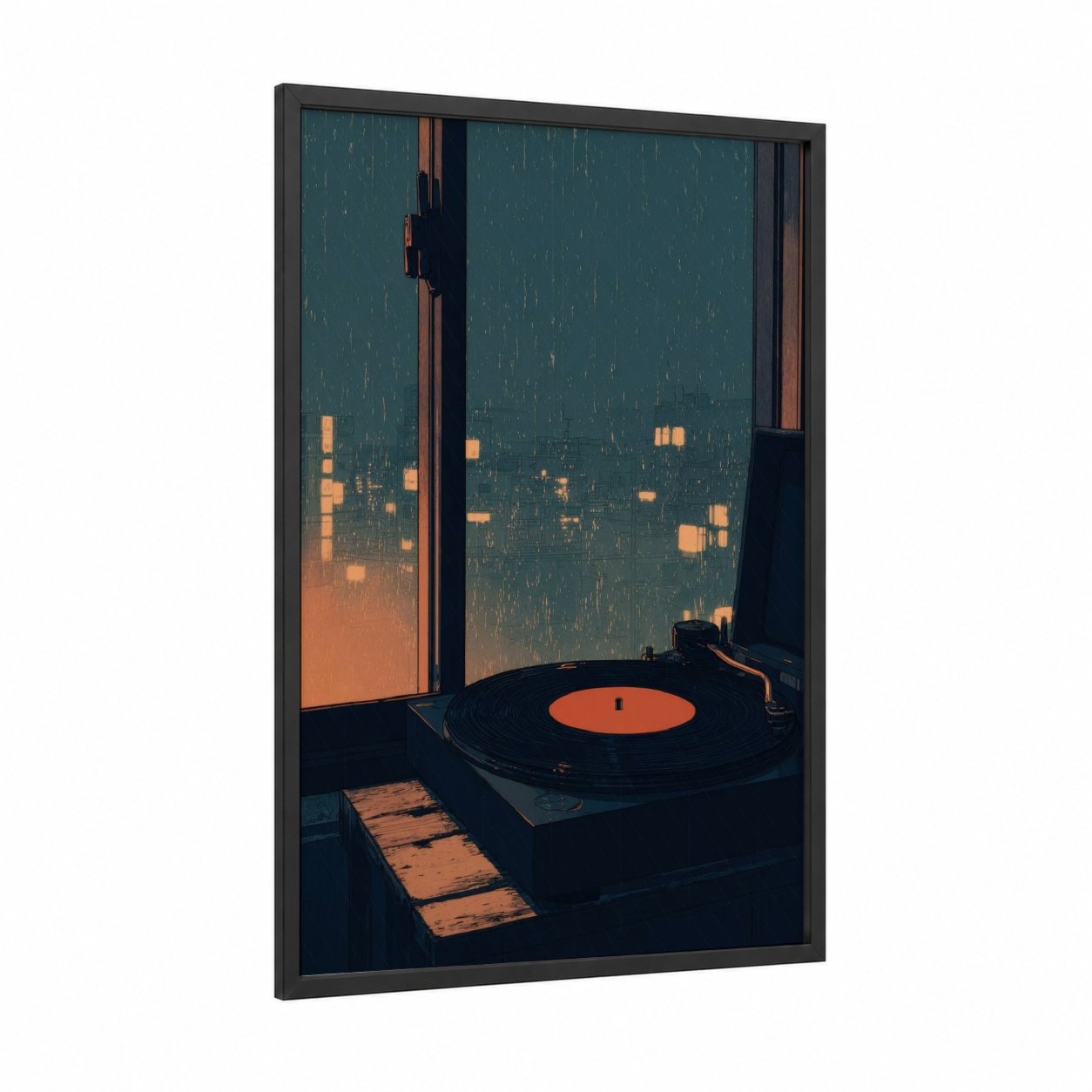 Vinyl Evening Glow framed vinyl records print — black wood frame — teal and gold palette