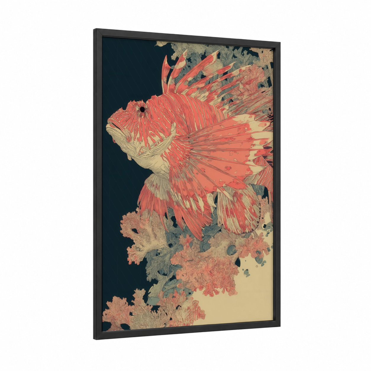Crimson Lionfish framed art print — black wood frame — salmon pink and dark blue palette