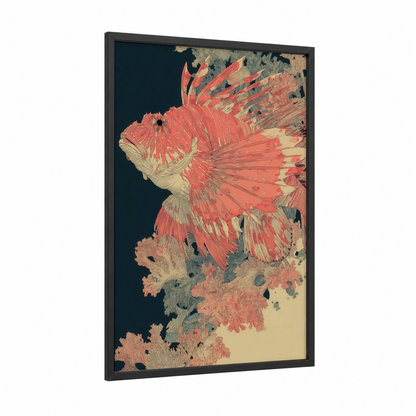 Crimson Lionfish framed art print — black wood frame — salmon pink and dark blue palette