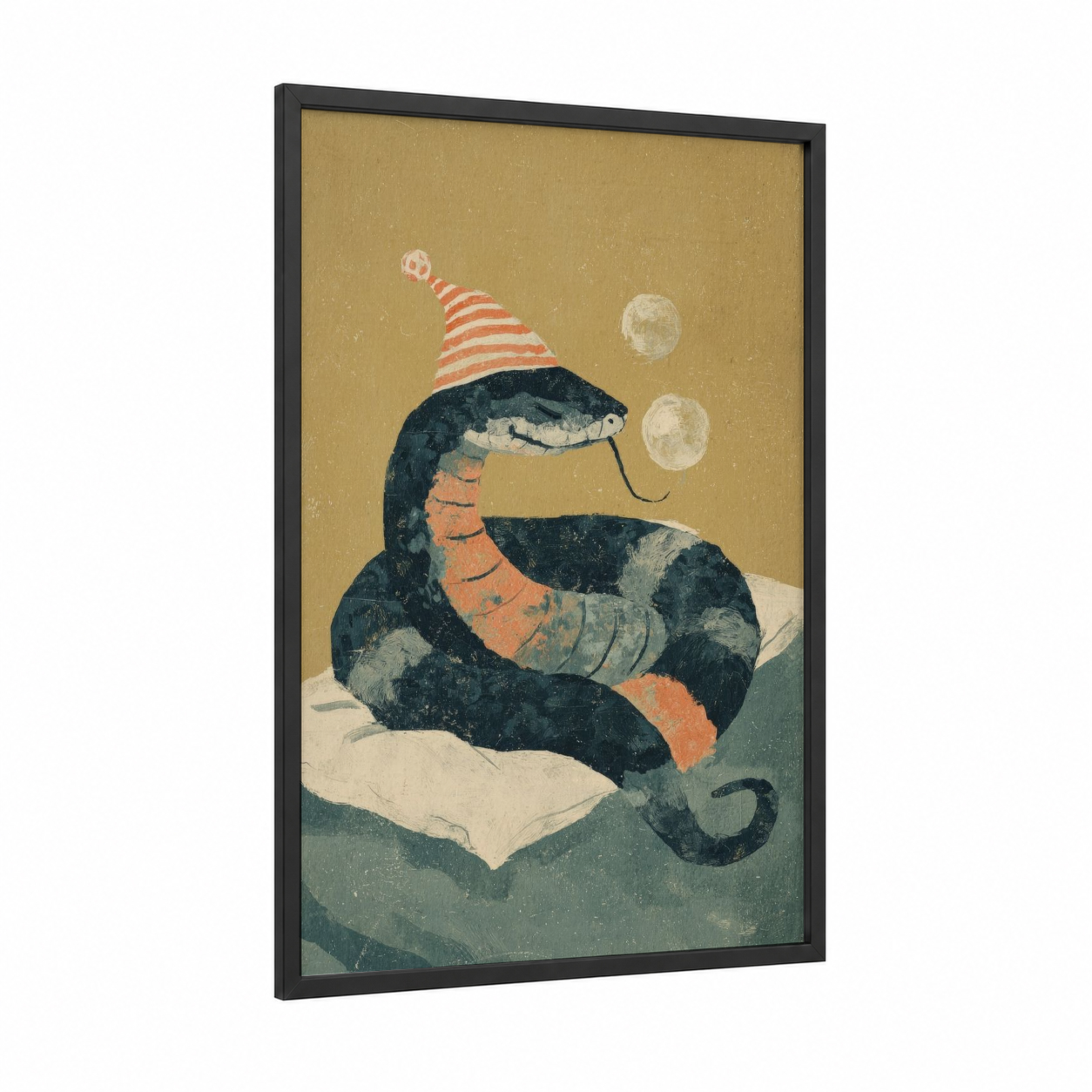 Whimsical Viper framed art print — black wood frame — gold and black and gold palette