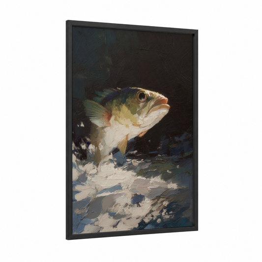 Golden Dragon Fish framed art print — black wood frame — gold and dark blue palette