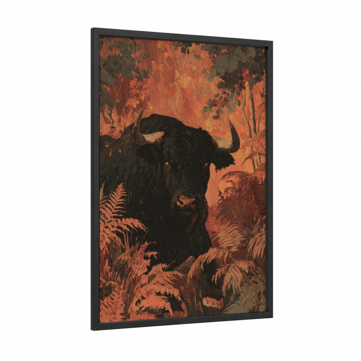 Taurus Bull Wilderness framed art print — black wood frame — russet and gold palette