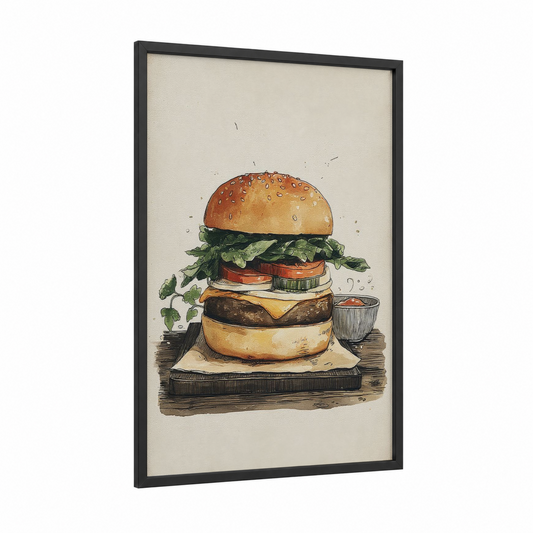 Gourmet Burger Stack framed fast food print — black wood frame — cream and russet palette