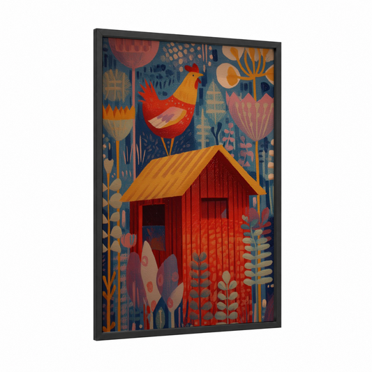 Red Rooster Farm framed chicken and roosters print — black wood frame — red and dark blue palette