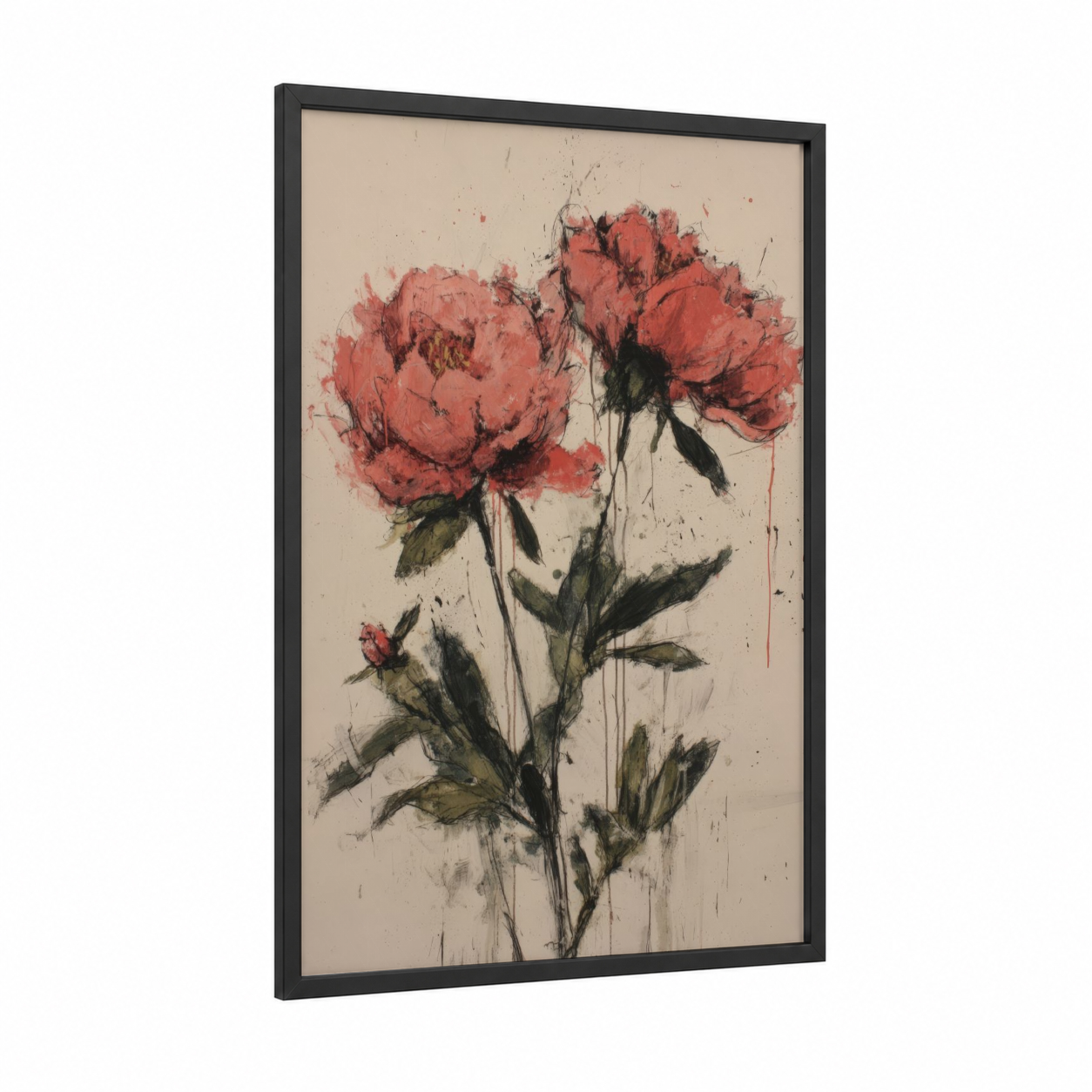 Crimson Peonies framed peony print — black wood frame — salmon pink and black palette