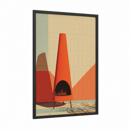 Crimson Mid-Century Fireplace framed art print — black wood frame — red and cream palette